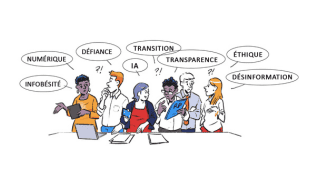 Illustration professionnels qui échangent : "numérique", "infobésité", "IA", "transparence", "éthique", etc.